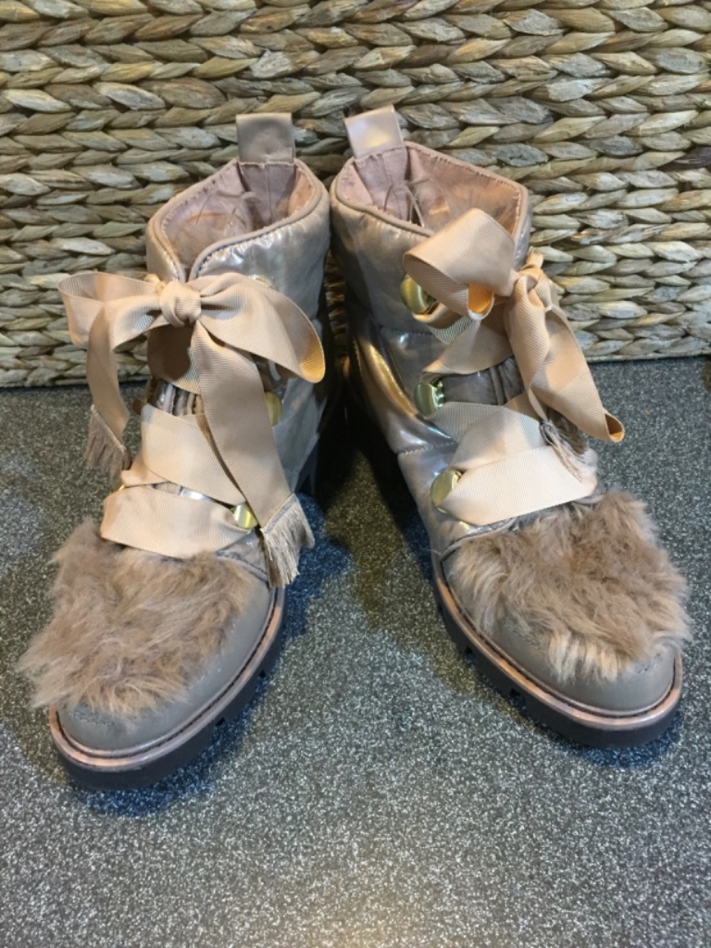 Kelsi Dagger Taupe Faux Fur Ribbon Ankle Booties - Picture 4 of 14